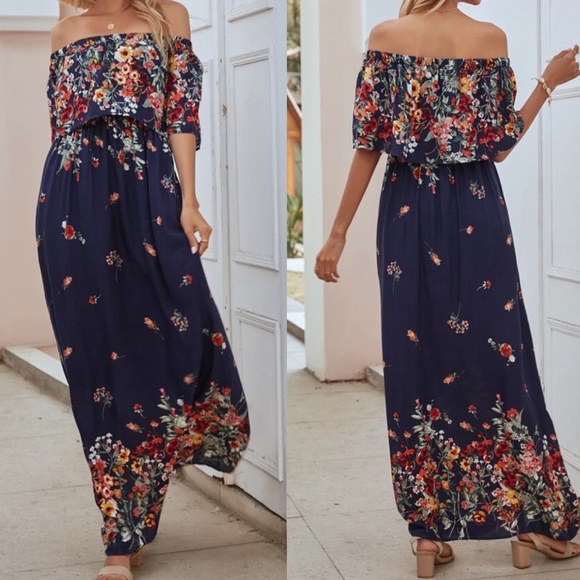 Boho floral print off shoulder maxi dress - Picture 2 of 3